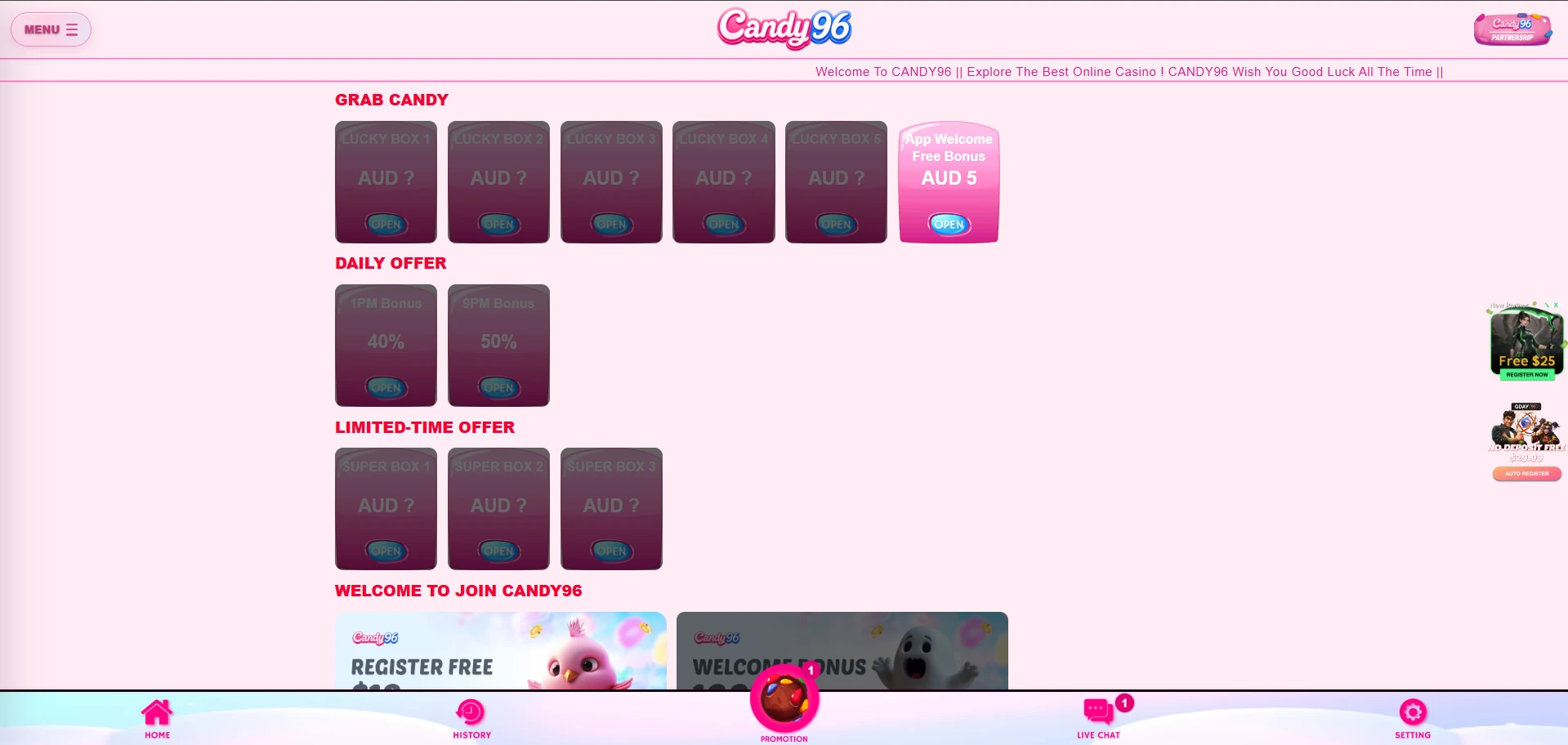 Candy96 promotions page screenshot