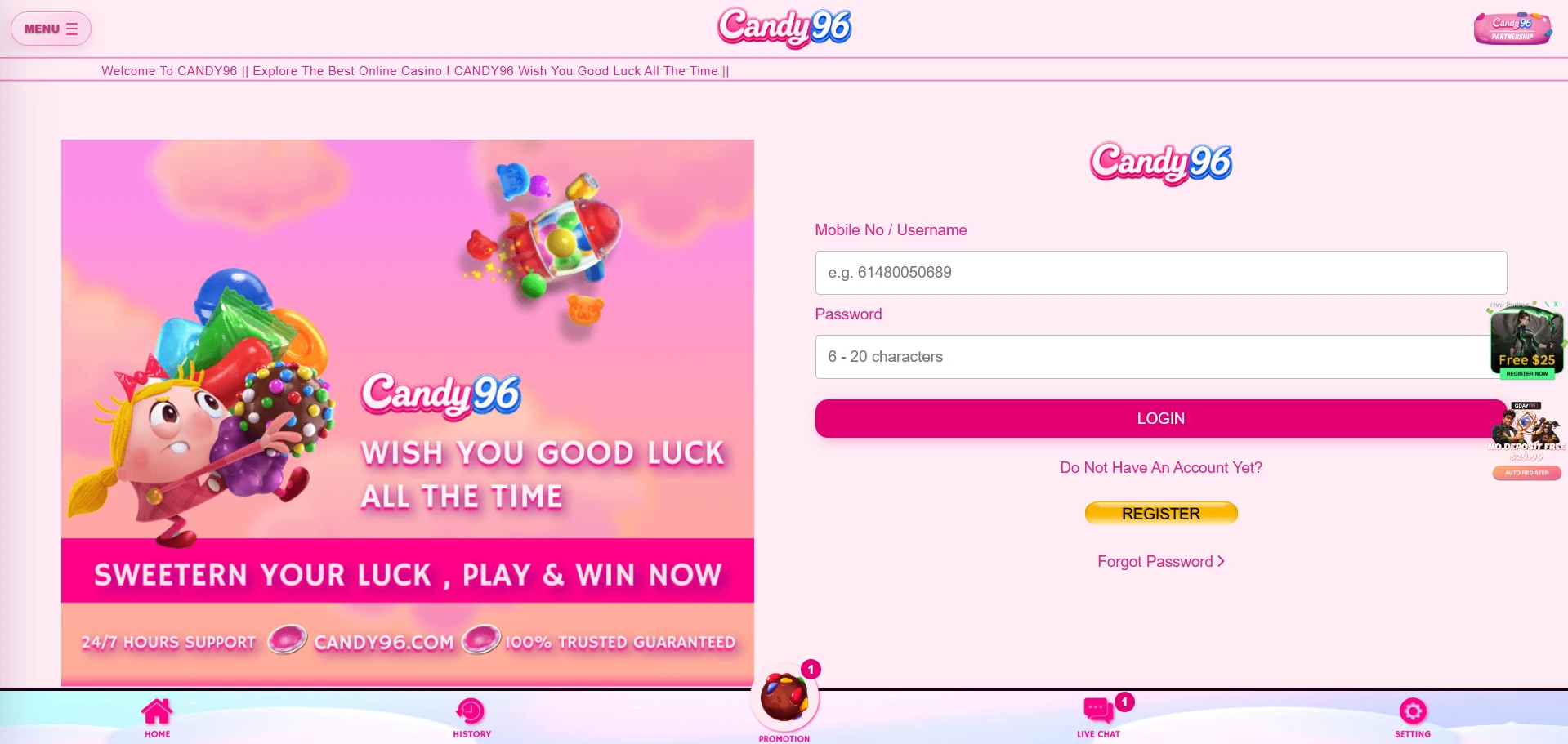 Candy96 casino login form