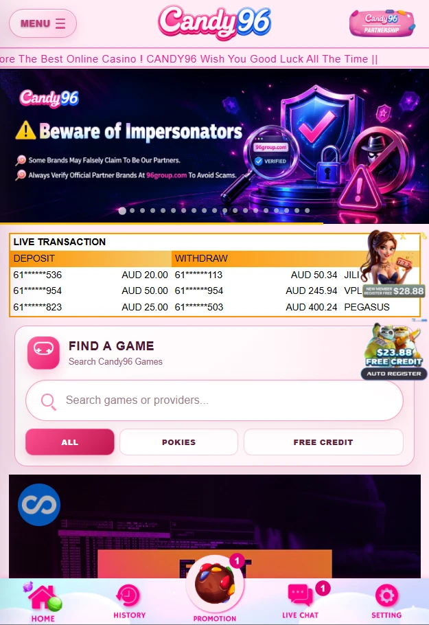 Candy96 casino mobile site on a phone