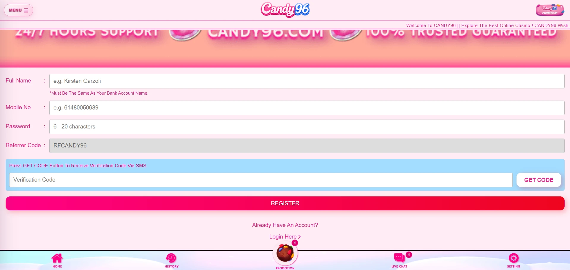 Candy96 casino registration form
